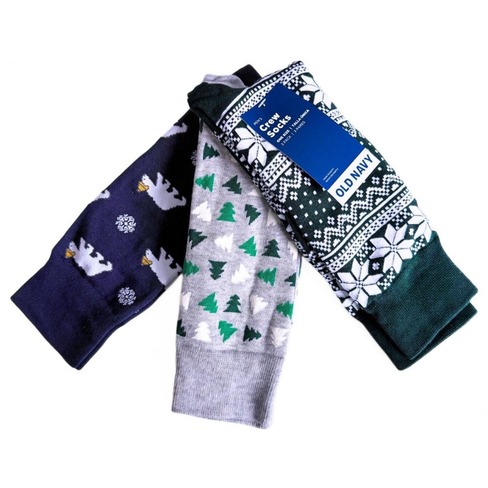 OLD NAVY Men's Blue Green Grey Snowflakes Cozy Comfy Crew Socks 3 pack NEW